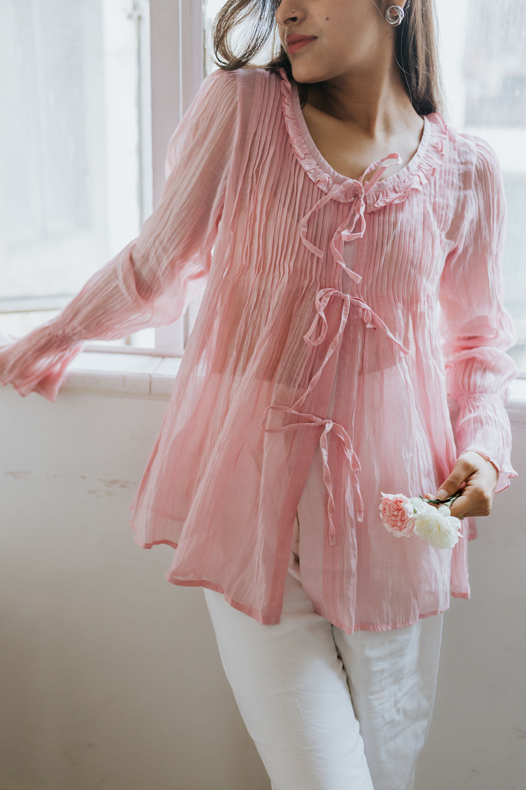 Soft Peony Frill Pintuck Top