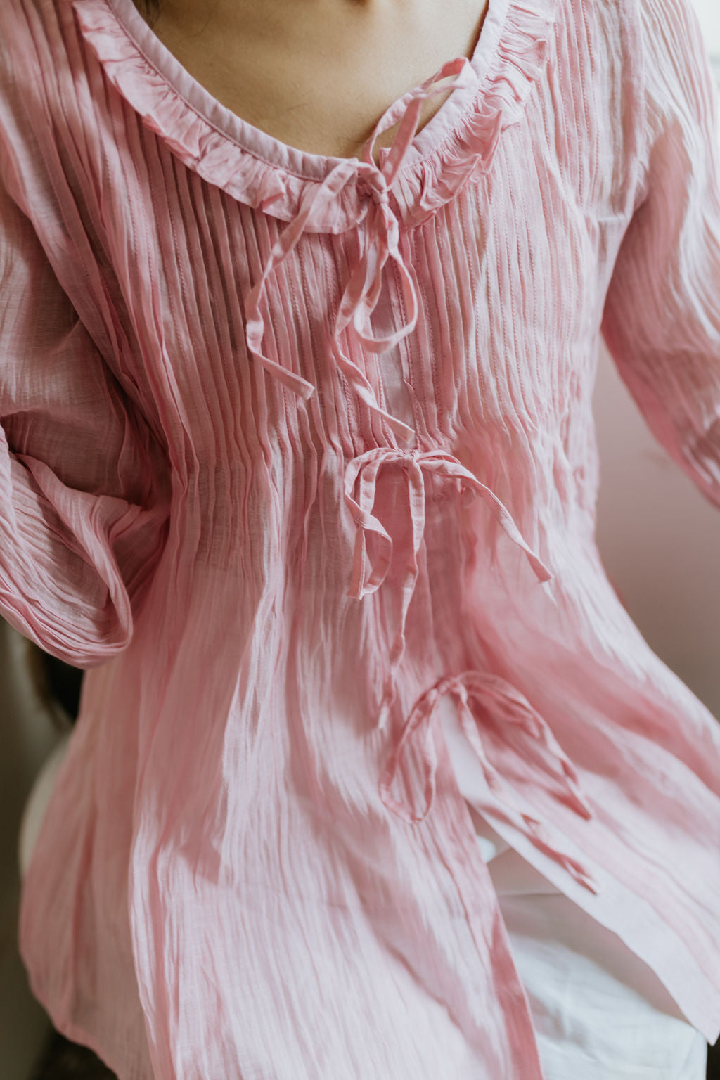 Soft Peony Frill Pintuck Top