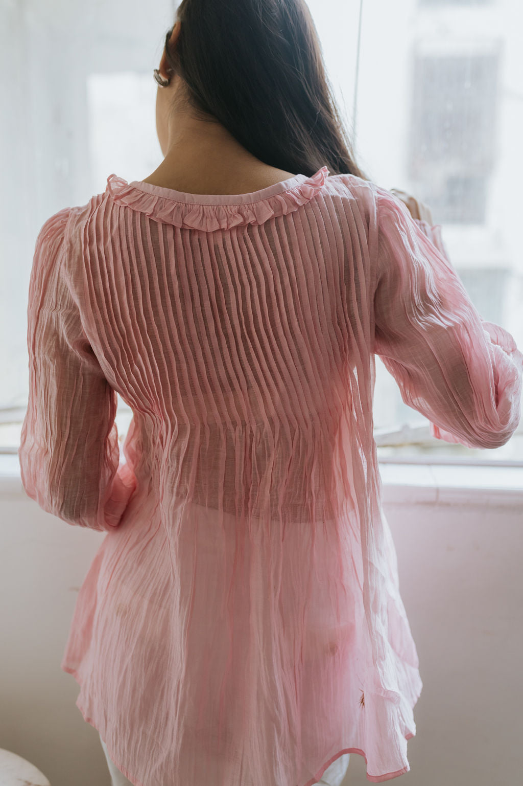 Soft Peony Frill Pintuck Top
