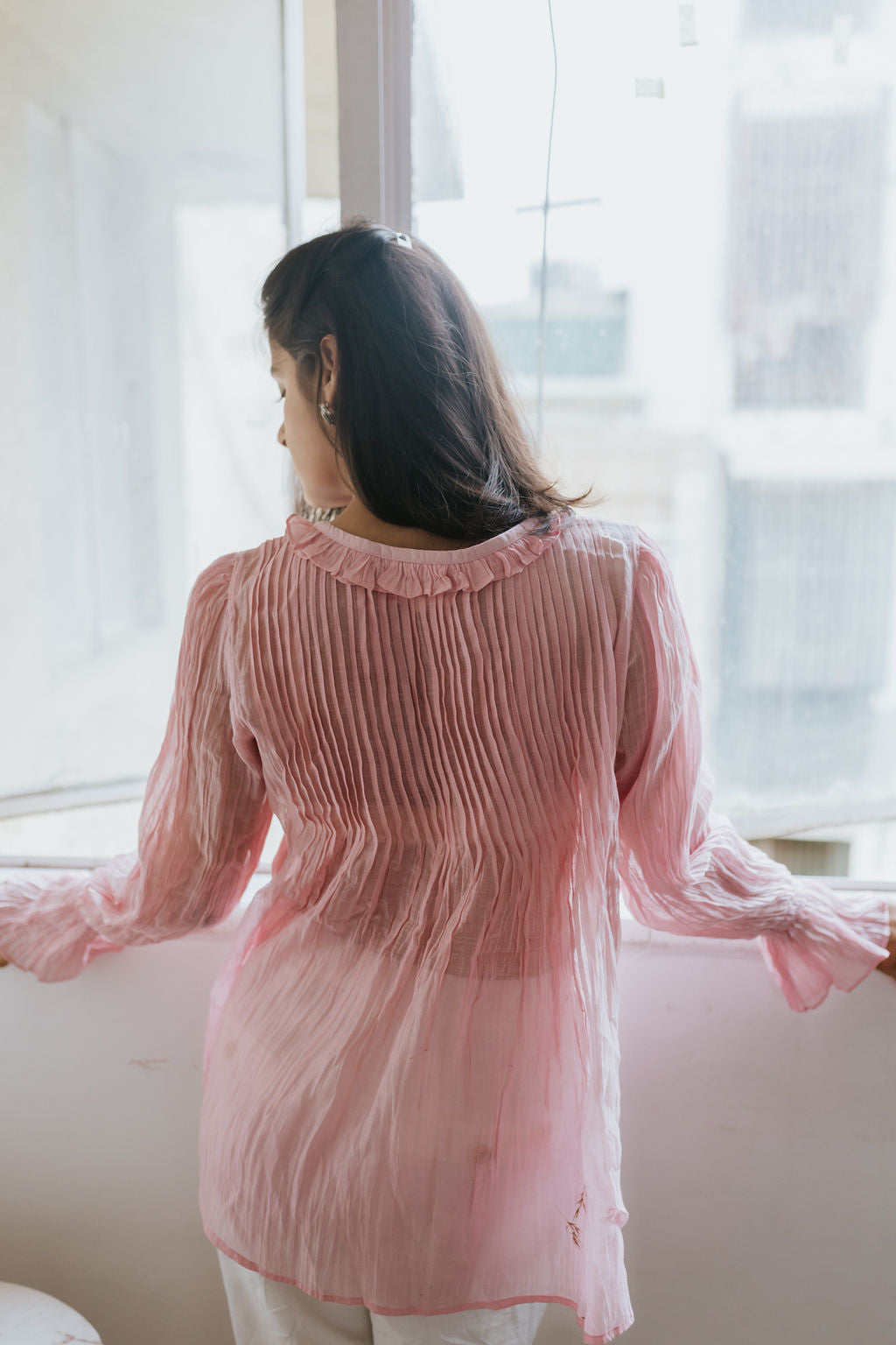 Soft Peony Frill Pintuck Top