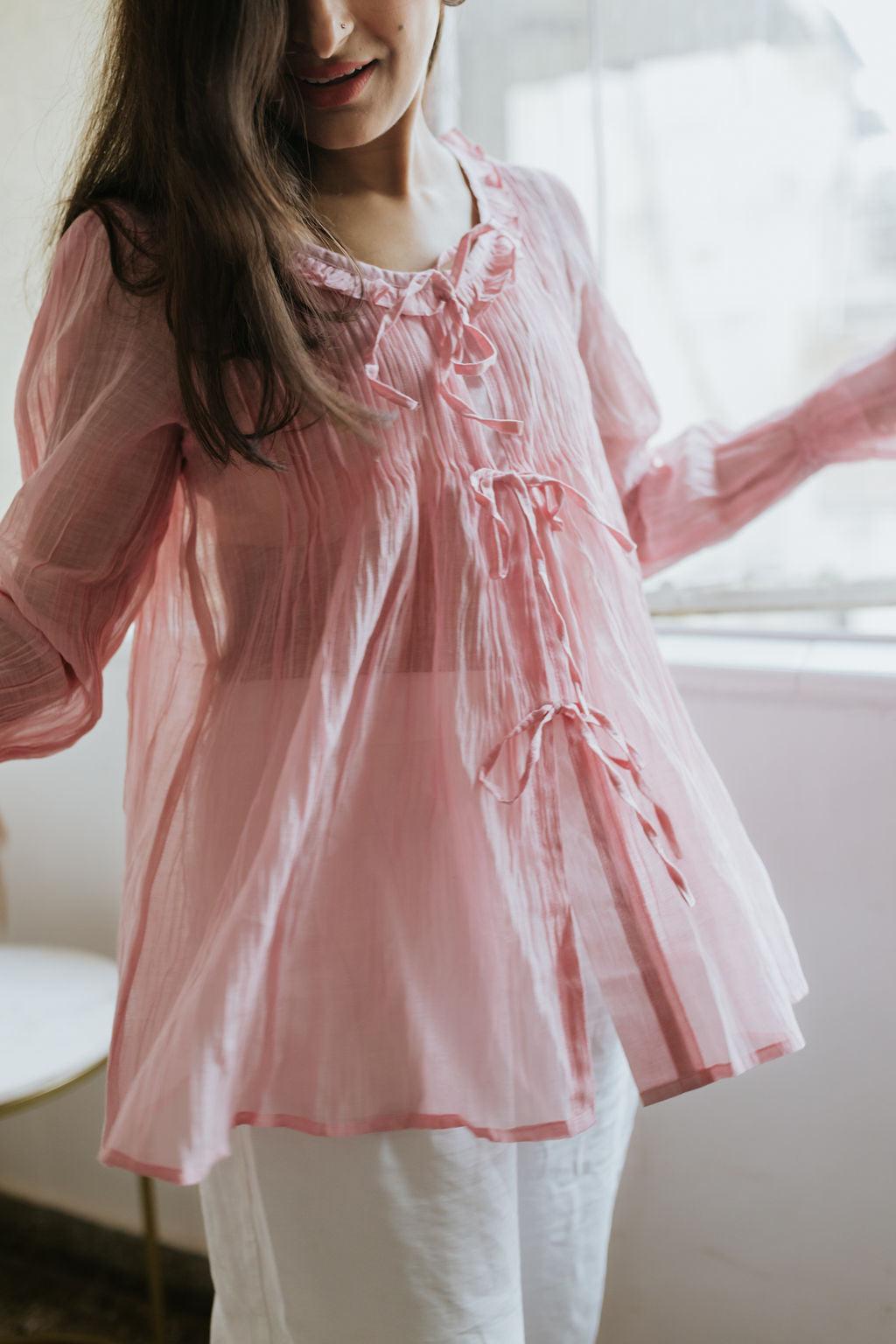 Soft Peony Frill Pintuck Top