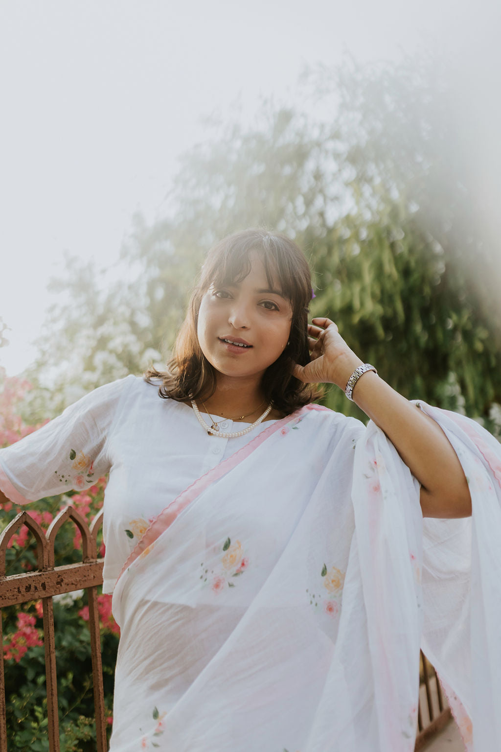 Pink Scalloped Rose Mulmul Saree