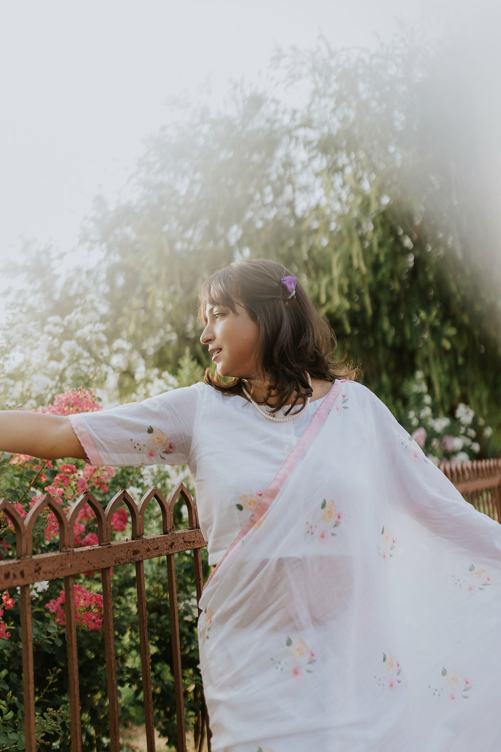 Pink Scalloped Rose Mulmul Saree