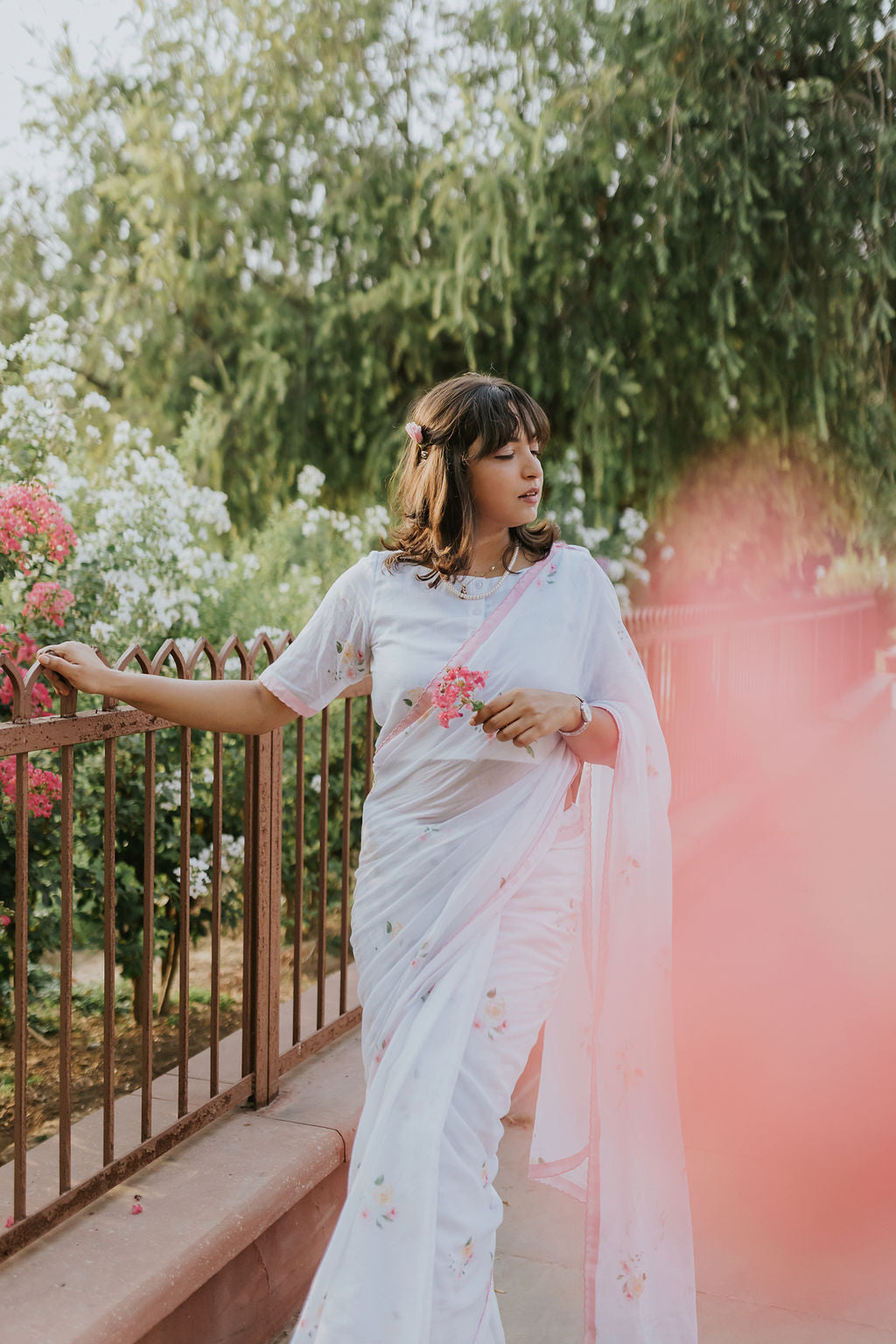 Pink Scalloped Rose Mulmul Saree