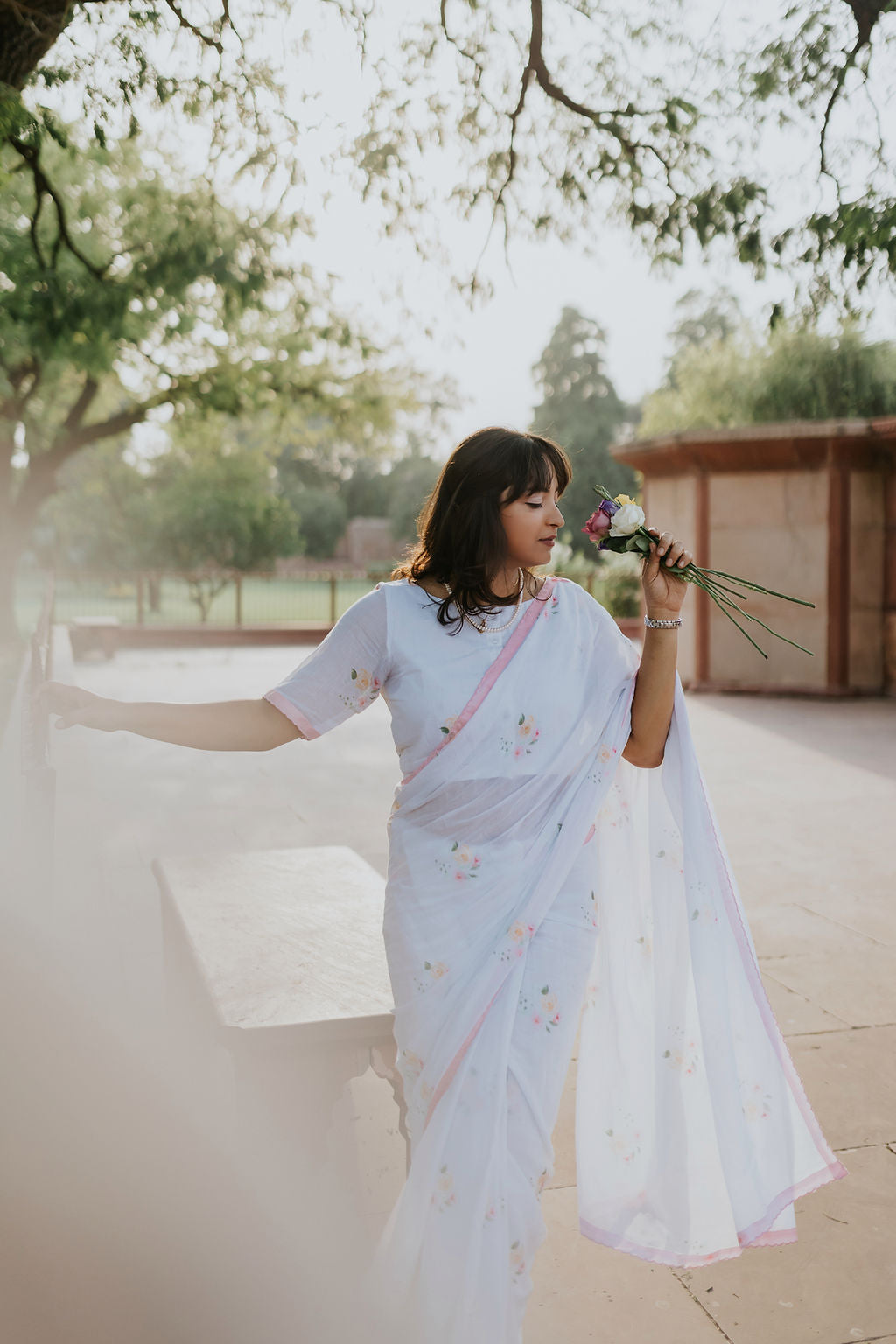 Pink Scalloped Rose Mulmul Saree