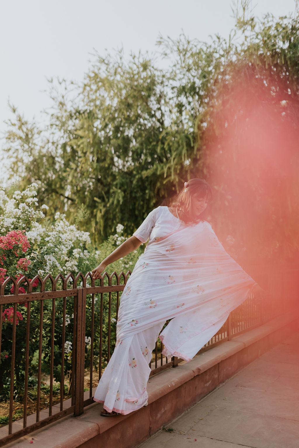 Pink Scalloped Rose Mulmul Saree
