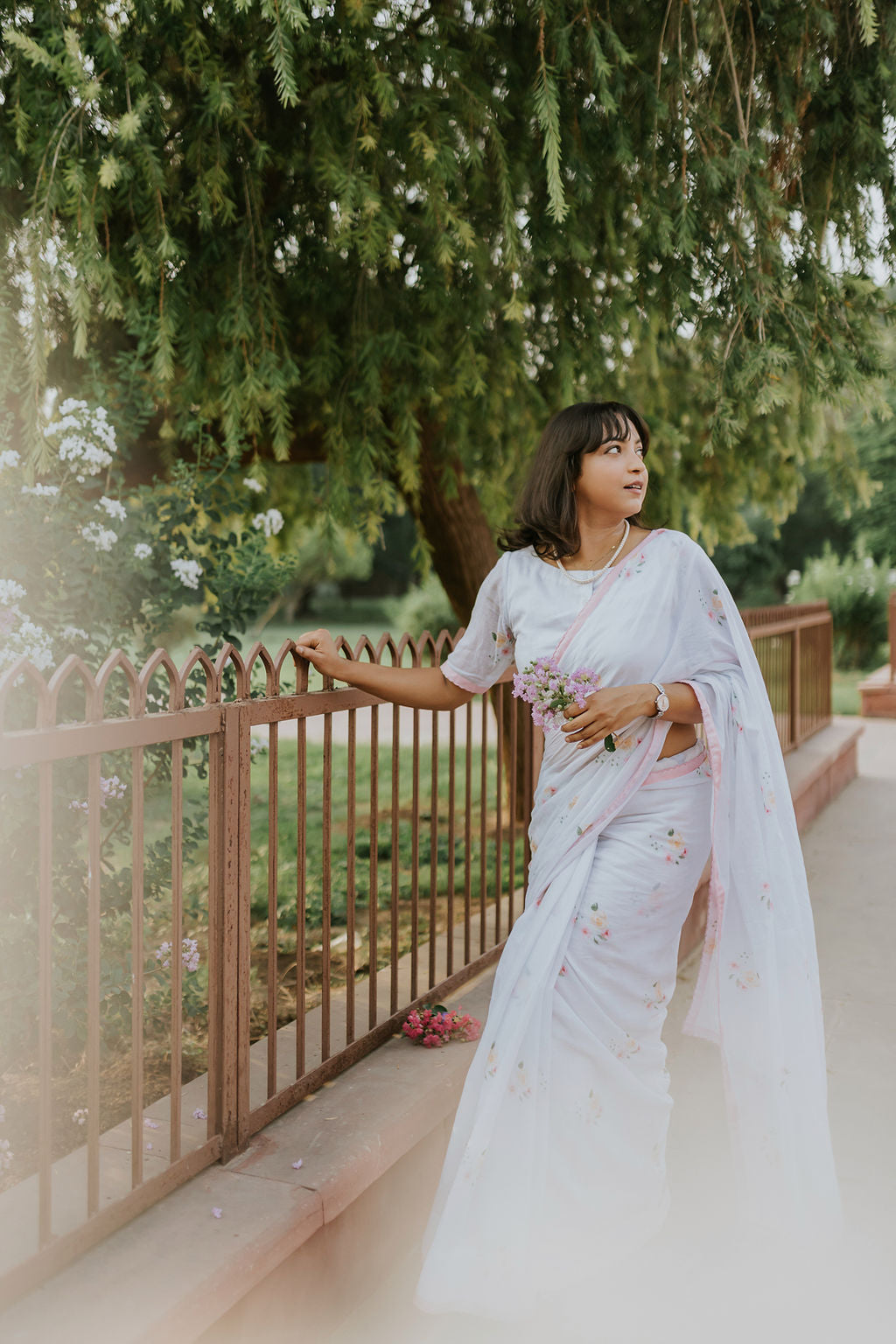 Pink Scalloped Rose Mulmul Saree