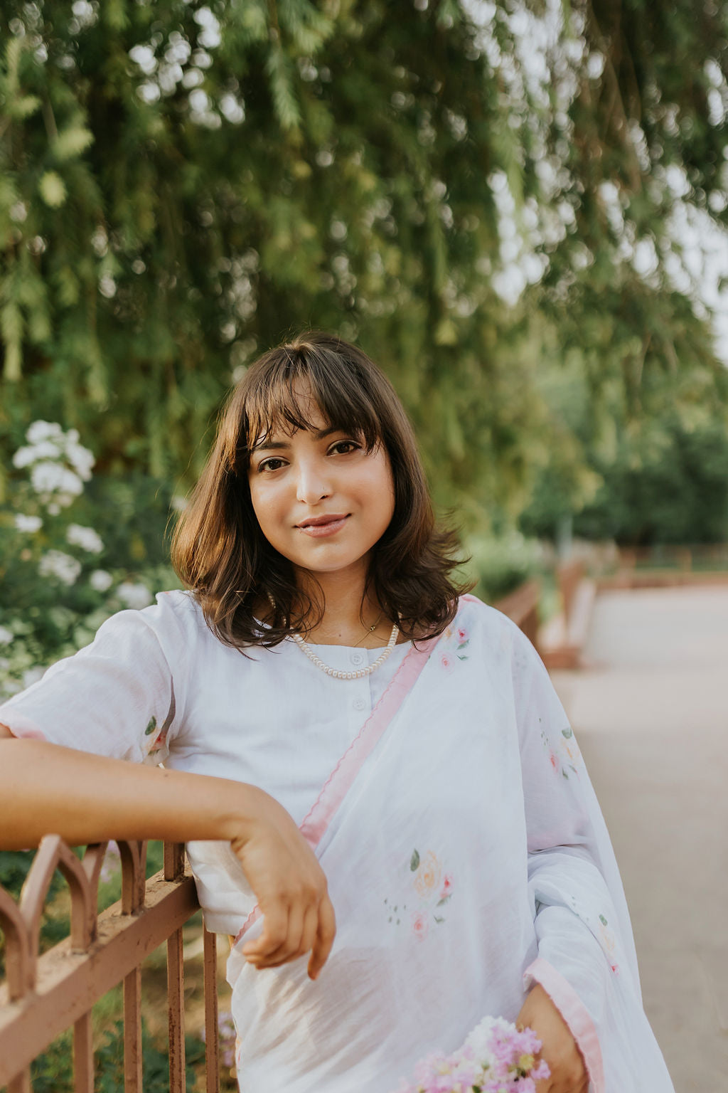 Pink Scalloped Rose Mulmul Saree