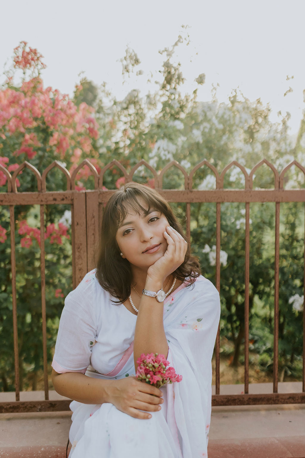 Pink Scalloped Rose Mulmul Saree