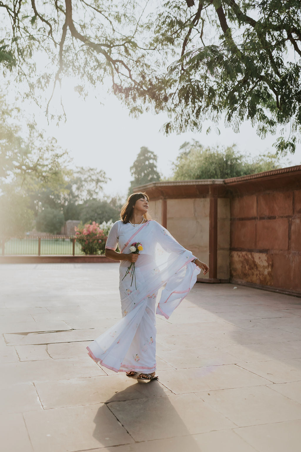 Pink Scalloped Rose Mulmul Saree