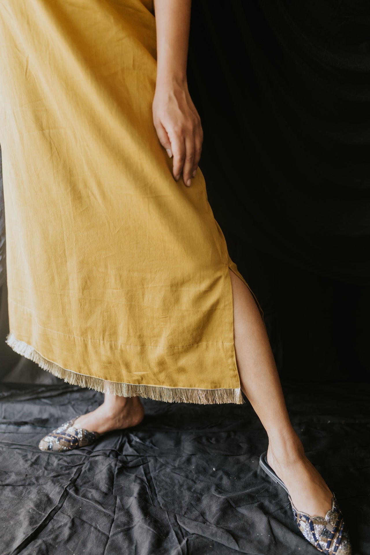 Mustard Handloom Satin Gota Dress