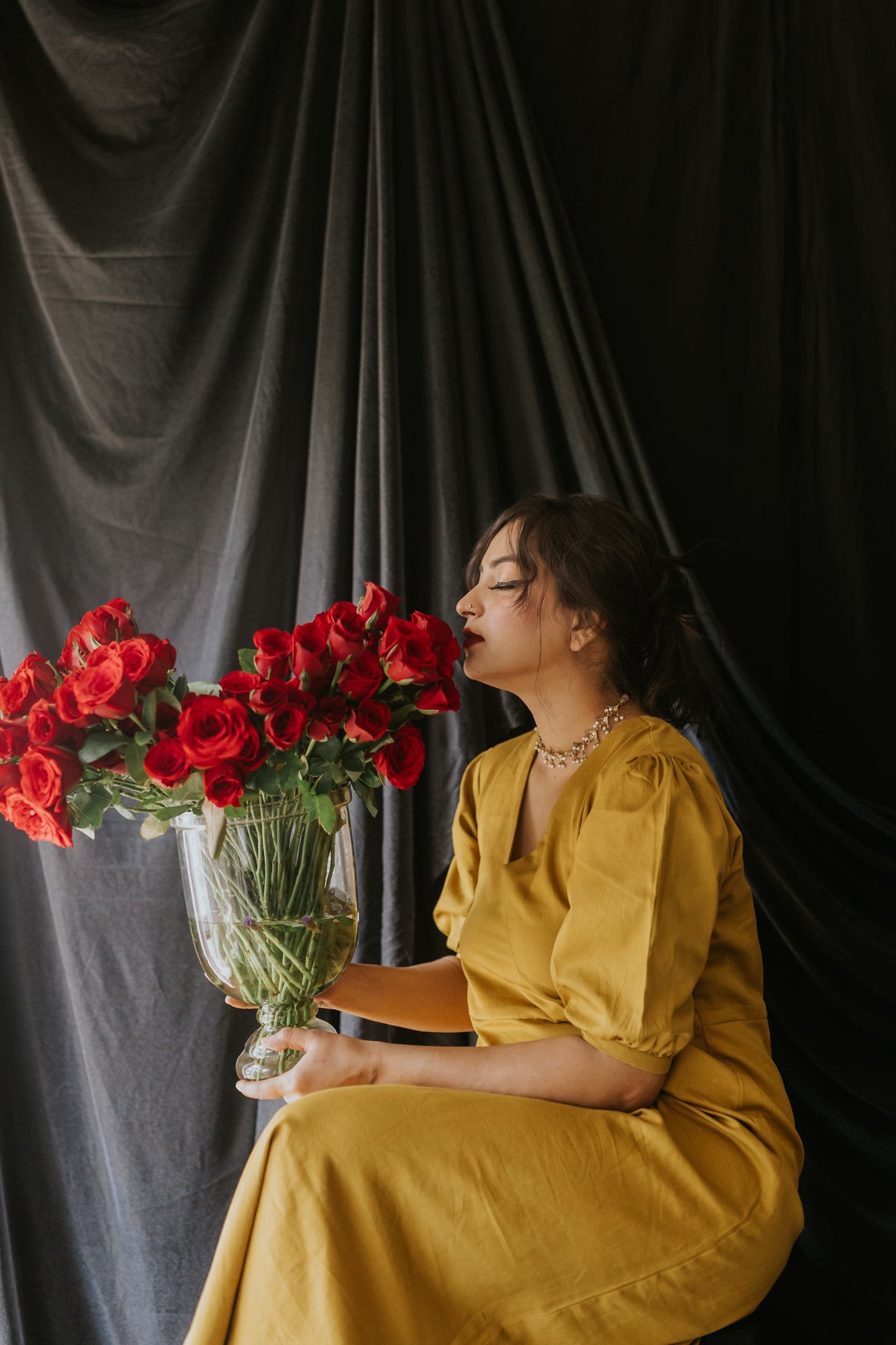 Mustard Handloom Satin Gota Dress