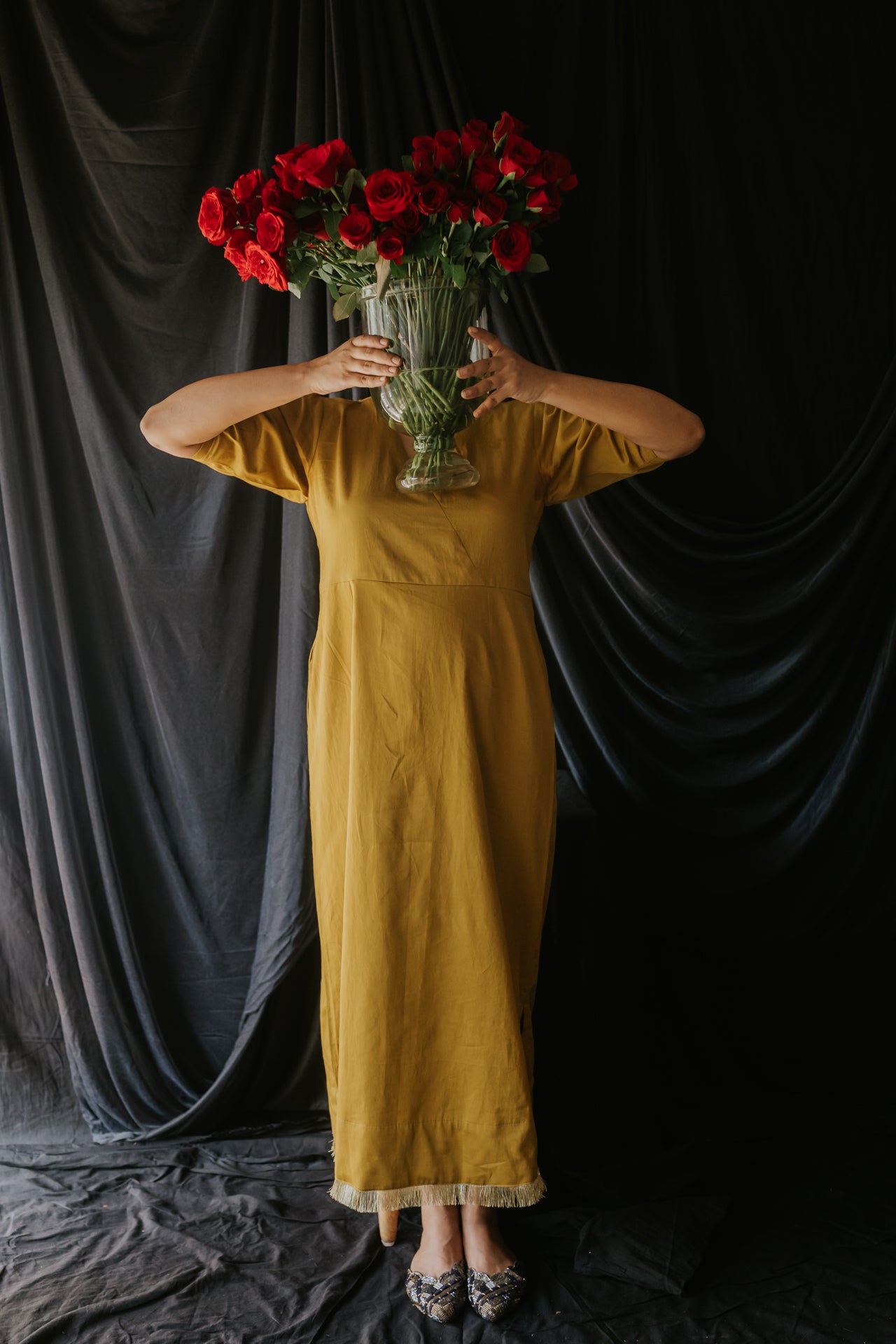 Mustard Handloom Satin Gota Dress