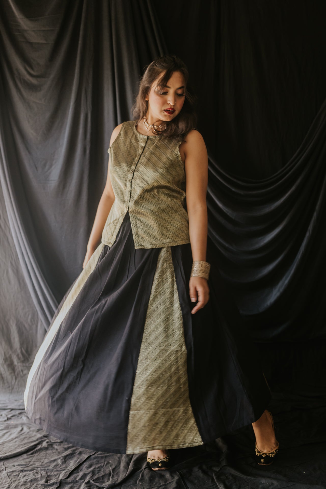 Brocade Panelled Flared Skirt