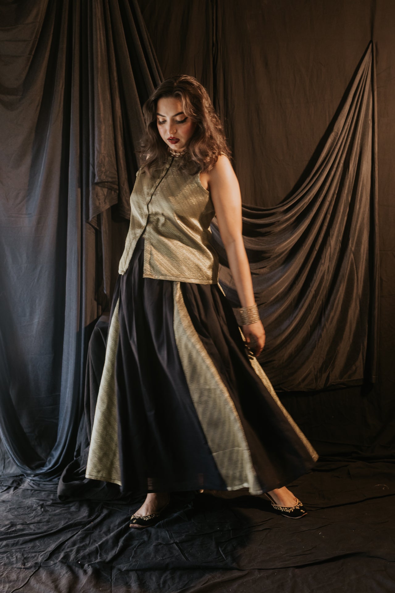 Brocade Panelled Flared Skirt