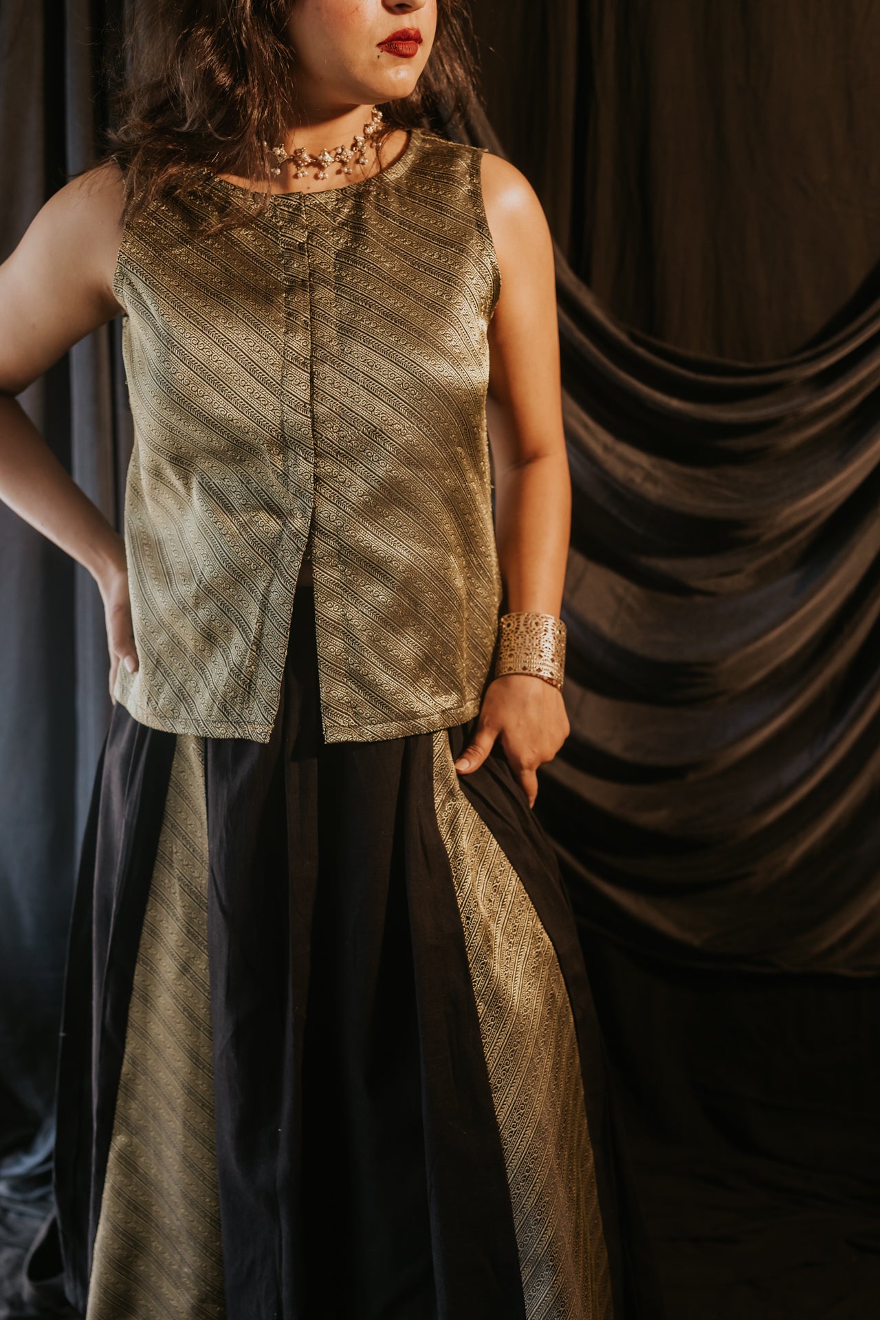 Brocade Vest & Panelled Skirt Set