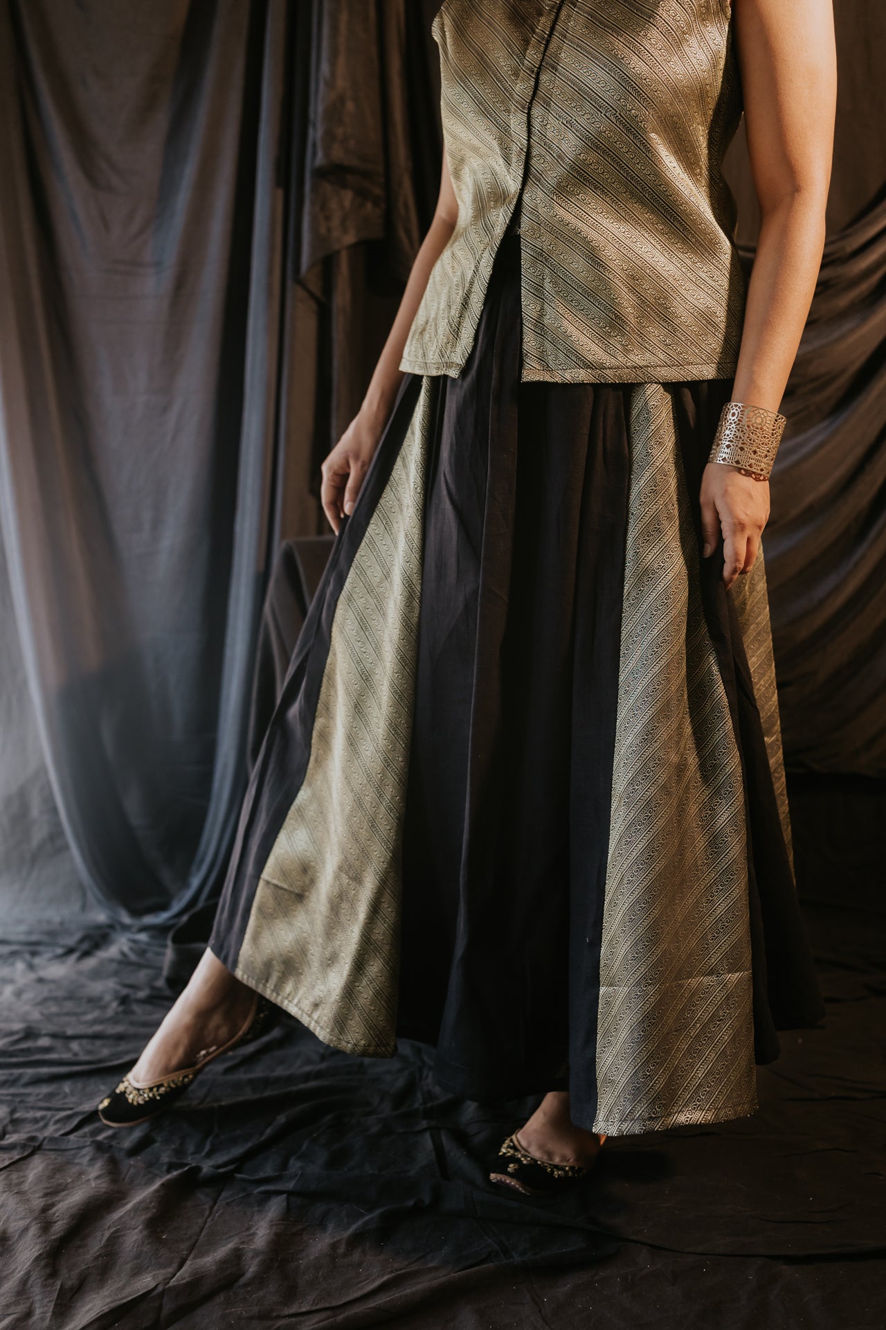 Brocade Panelled Flared Skirt