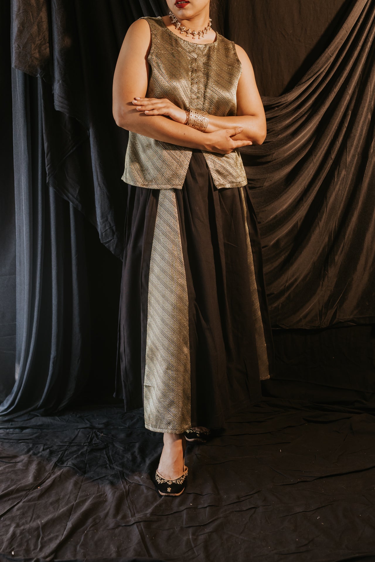 Brocade Panelled Flared Skirt