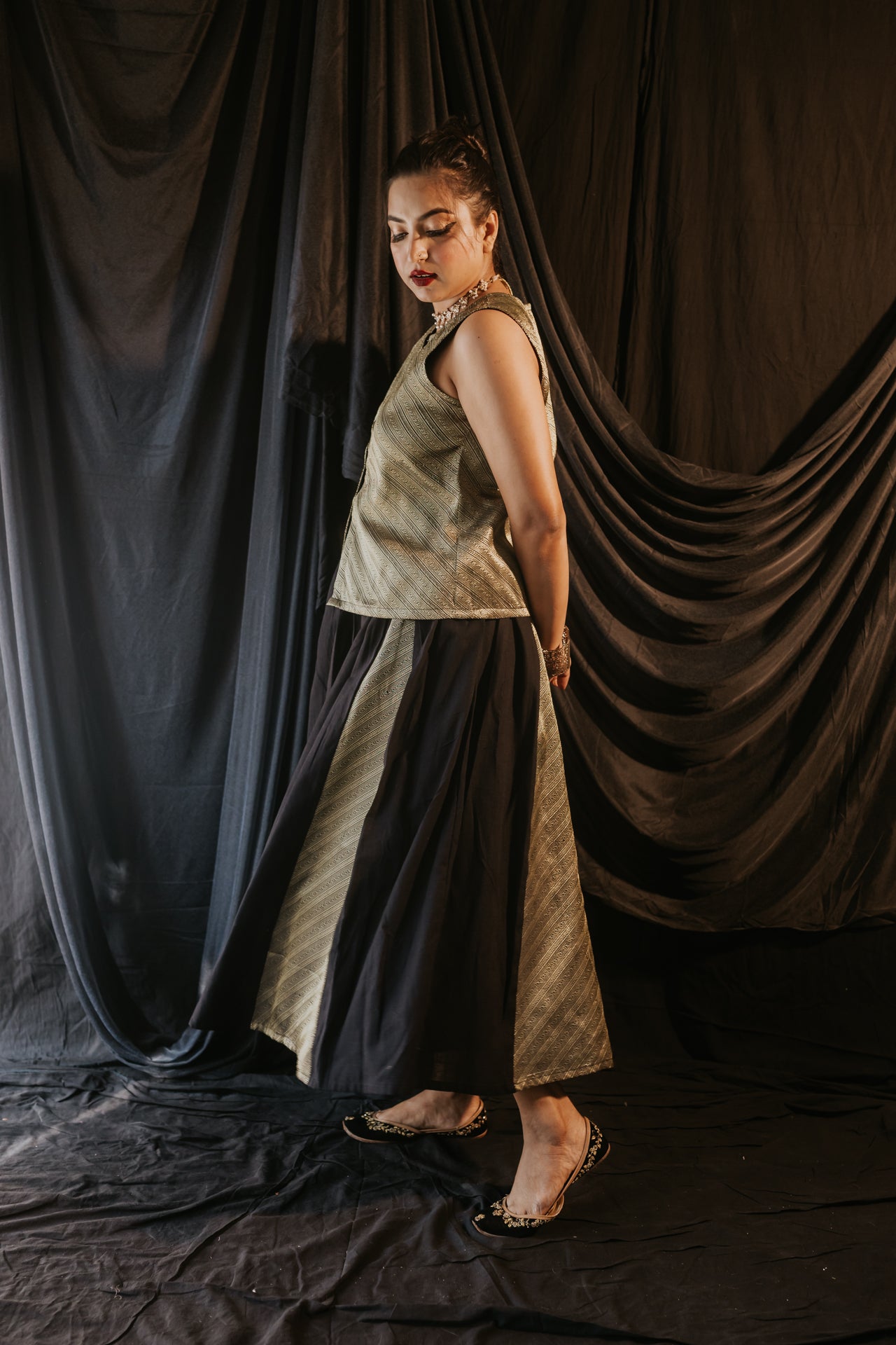 Brocade Vest & Panelled Skirt Set