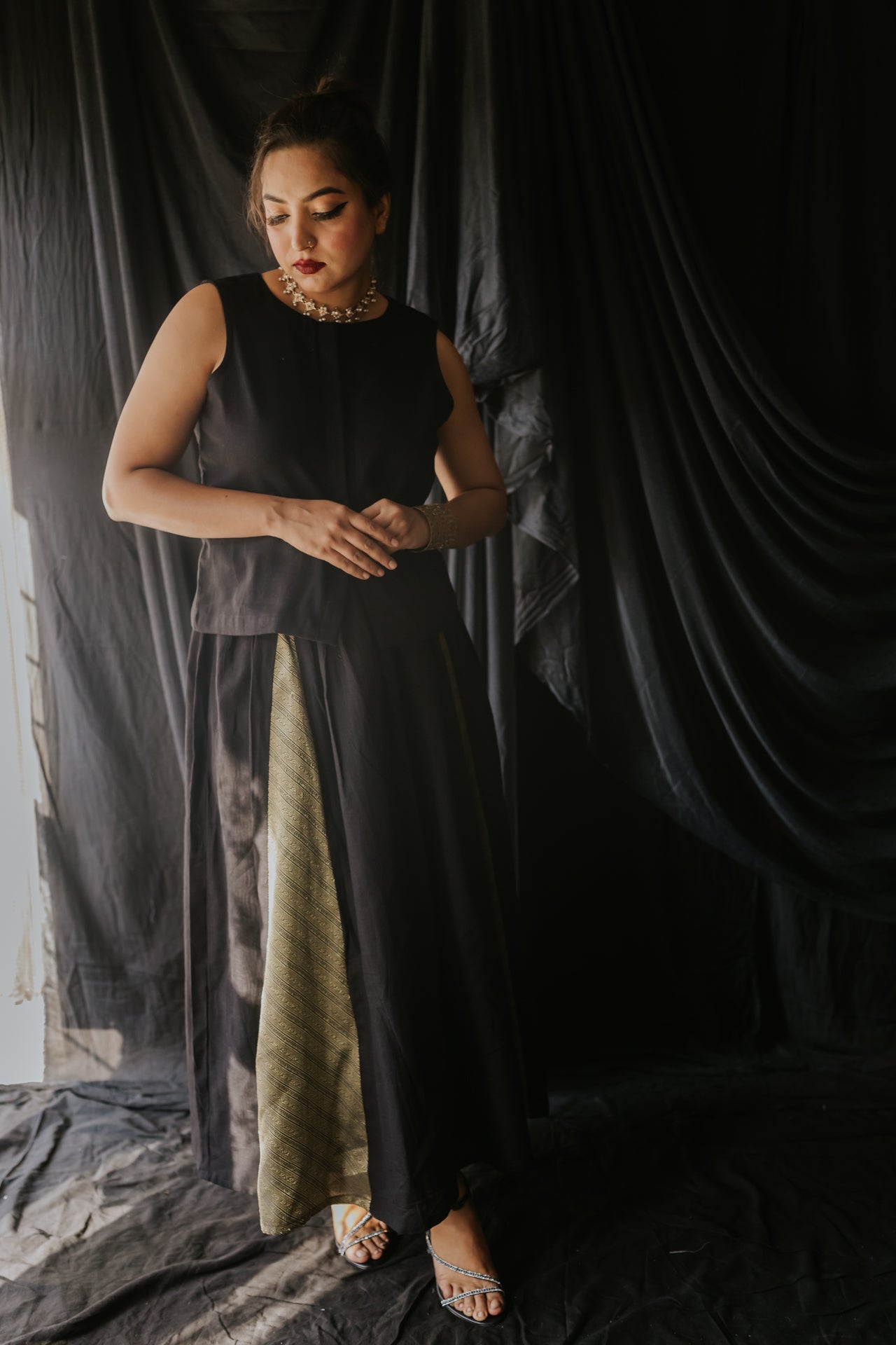 Black Linen Vest & Brocade Panel Skirt Set