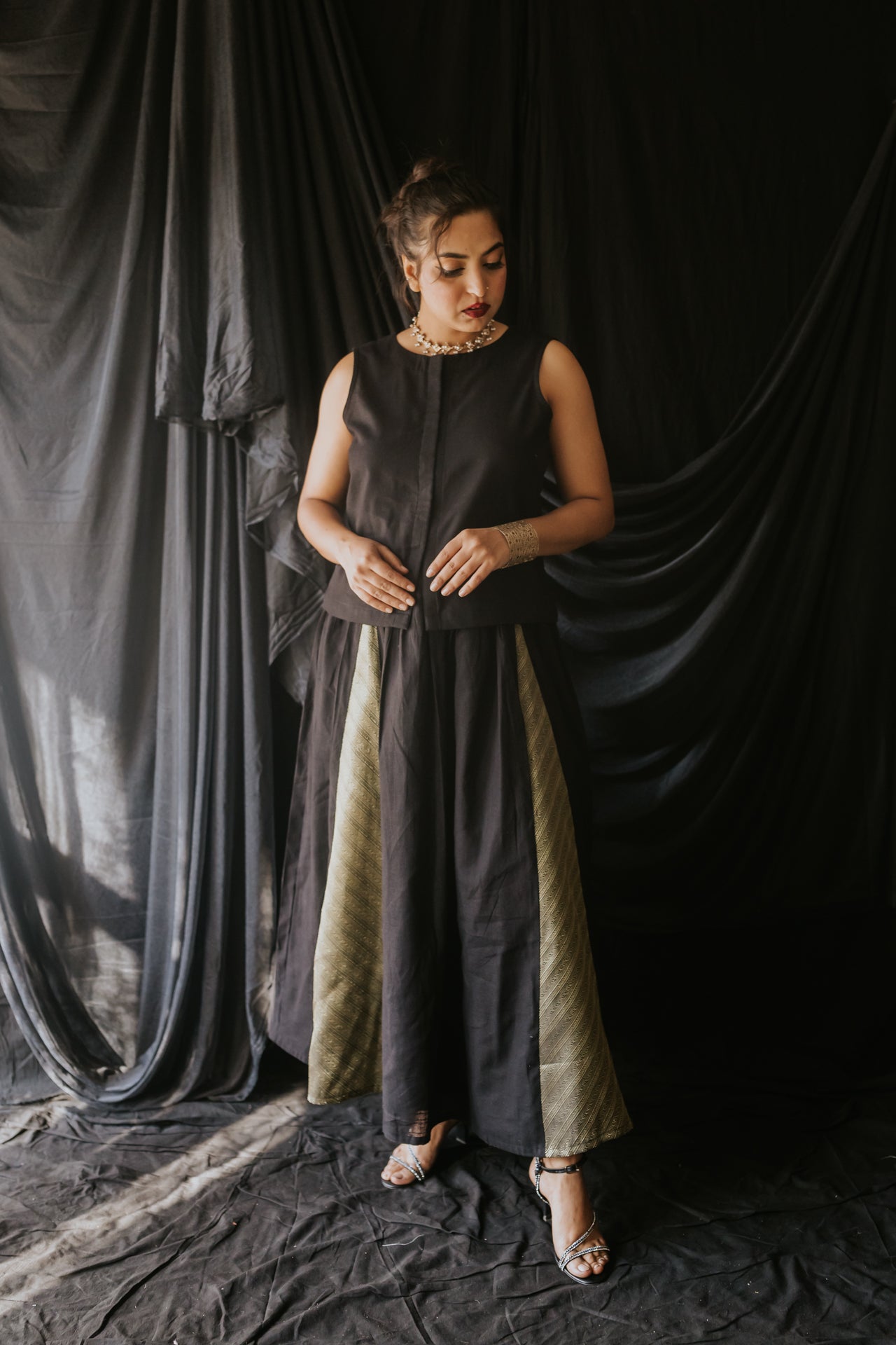 Black Linen Vest & Brocade Panel Skirt Set
