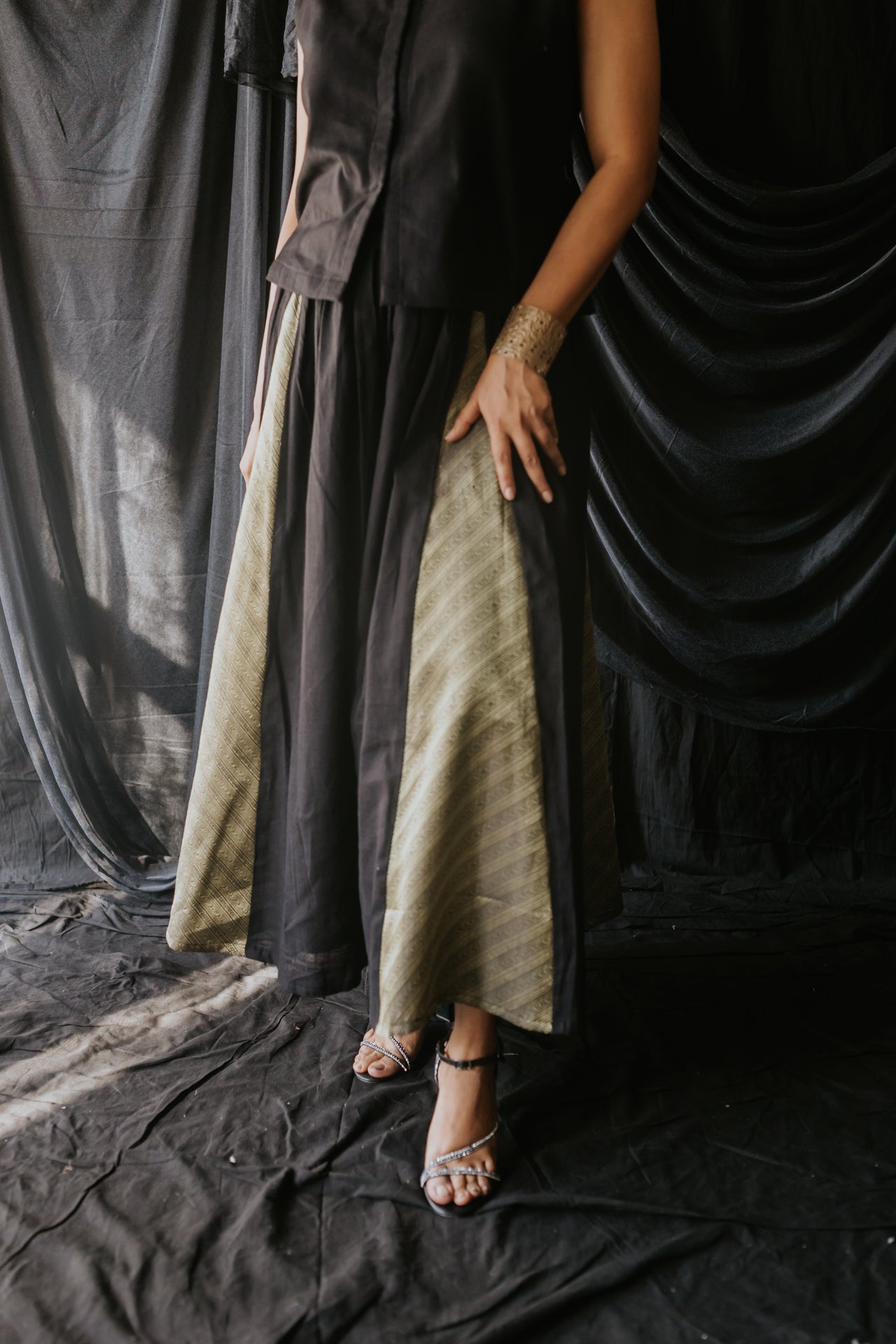 Black Linen Vest & Brocade Panel Skirt Set
