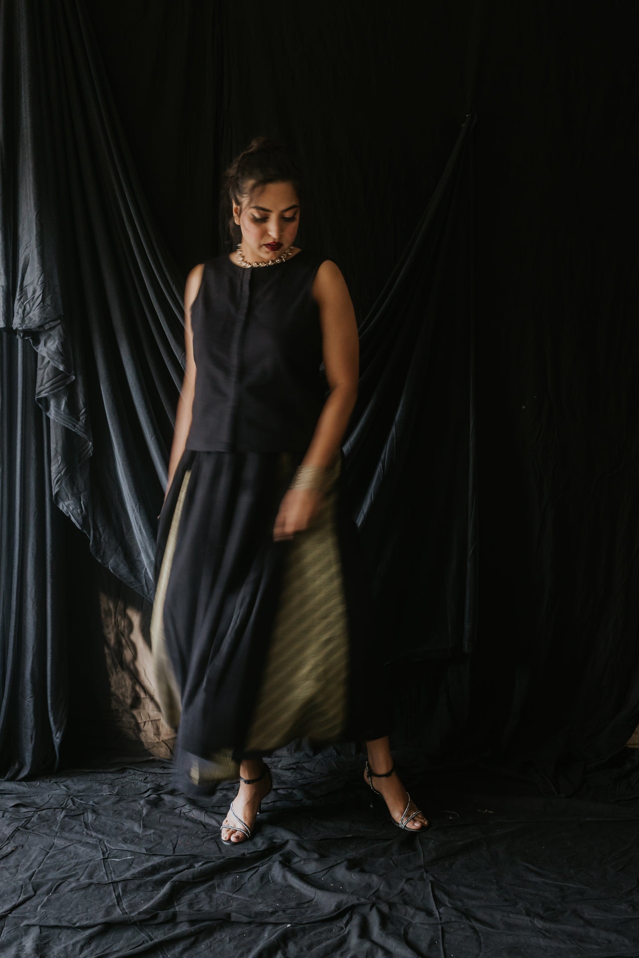 Black Linen Vest & Brocade Panel Skirt Set