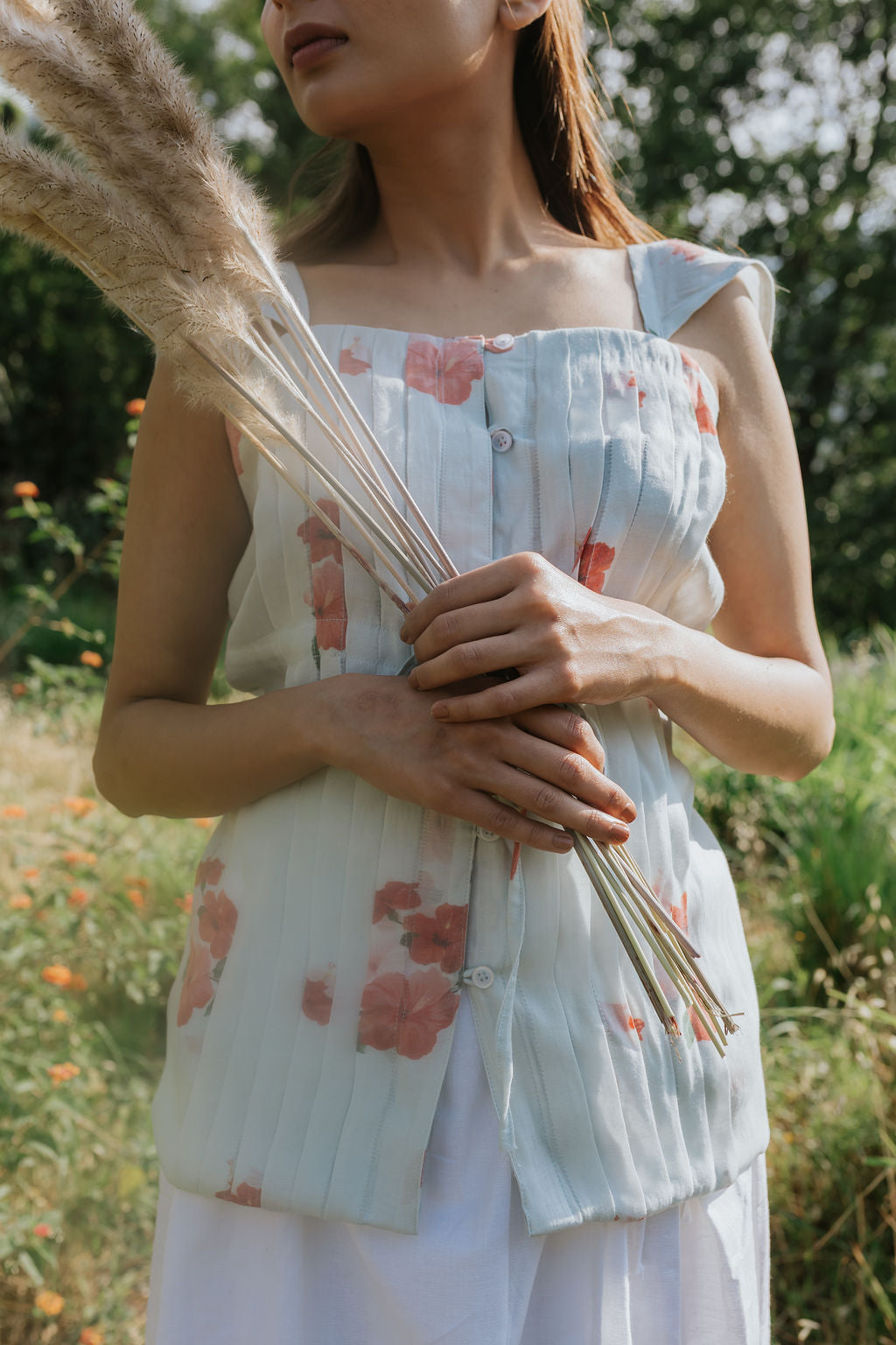 Pintuck & Hibiscus Top