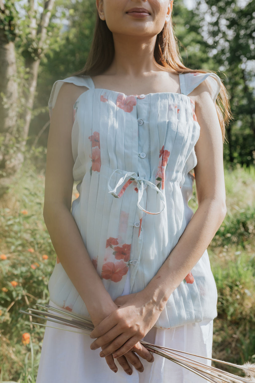 Pintuck & Hibiscus Top