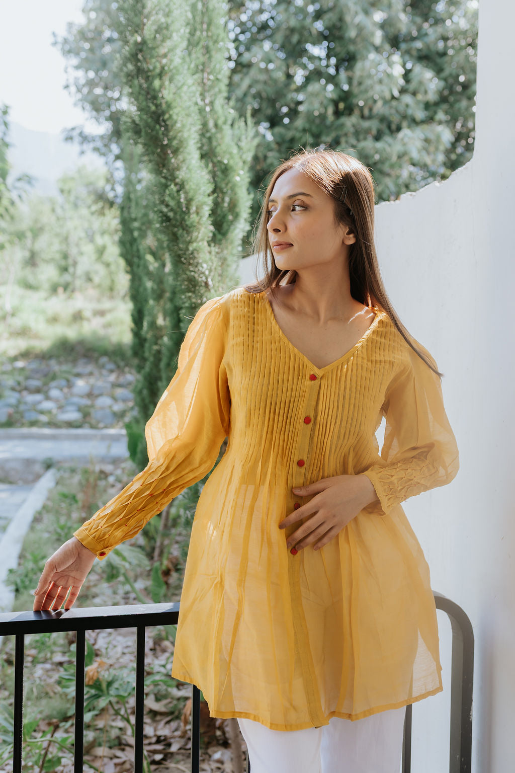 Chanderi Marigold Pintuck Shirt