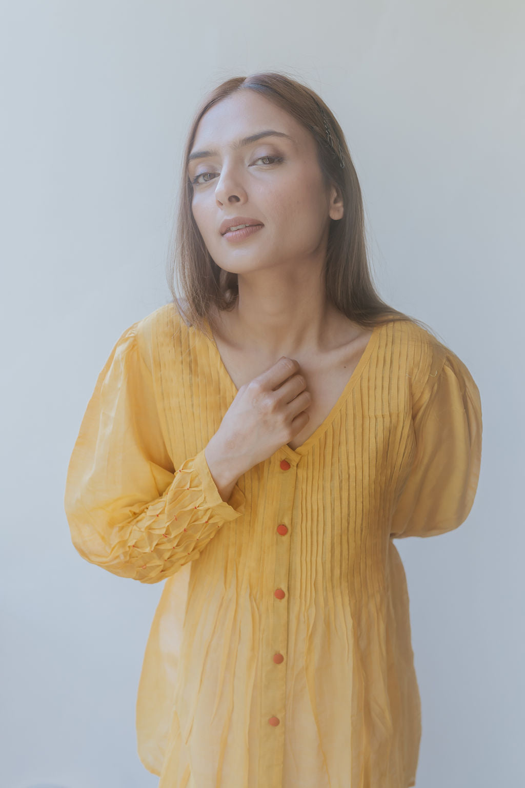 Chanderi Marigold Pintuck Shirt