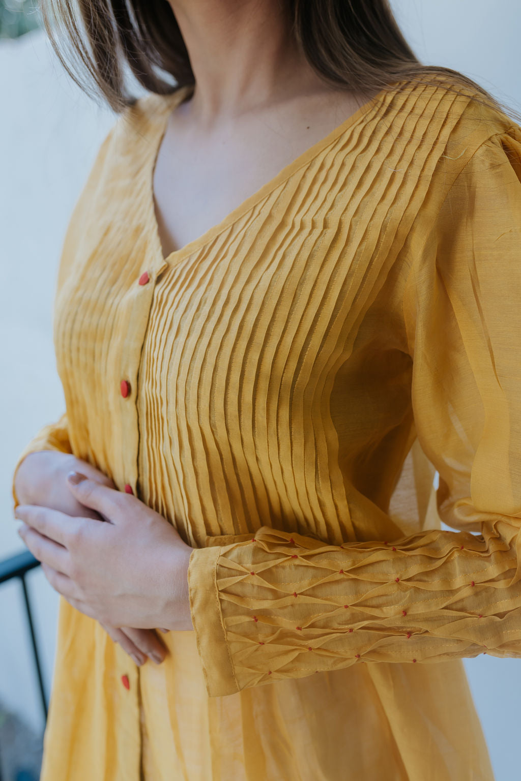 Chanderi Marigold Pintuck Shirt