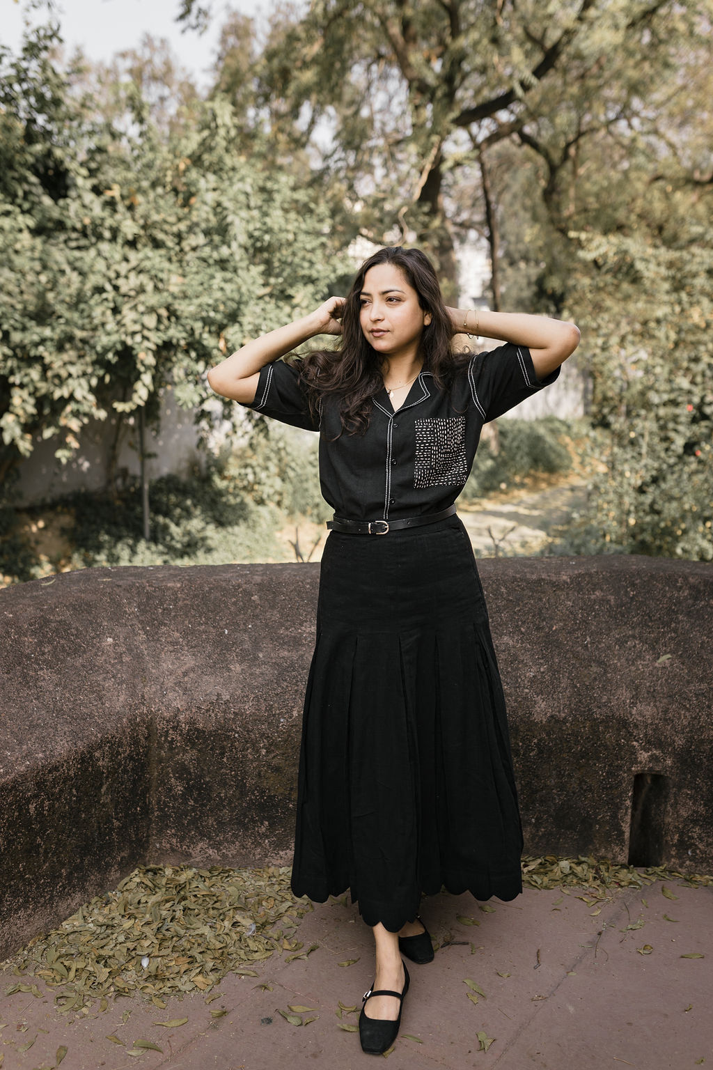 Black Scallop Pleated Skirt