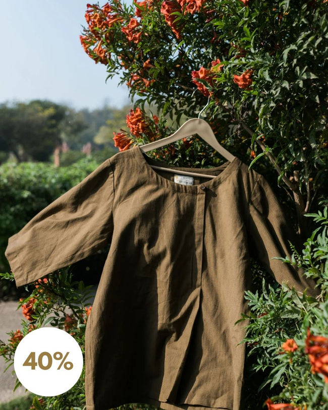 Earthtone Pleated Linen Top (SALE - All Sizes) Hover Image