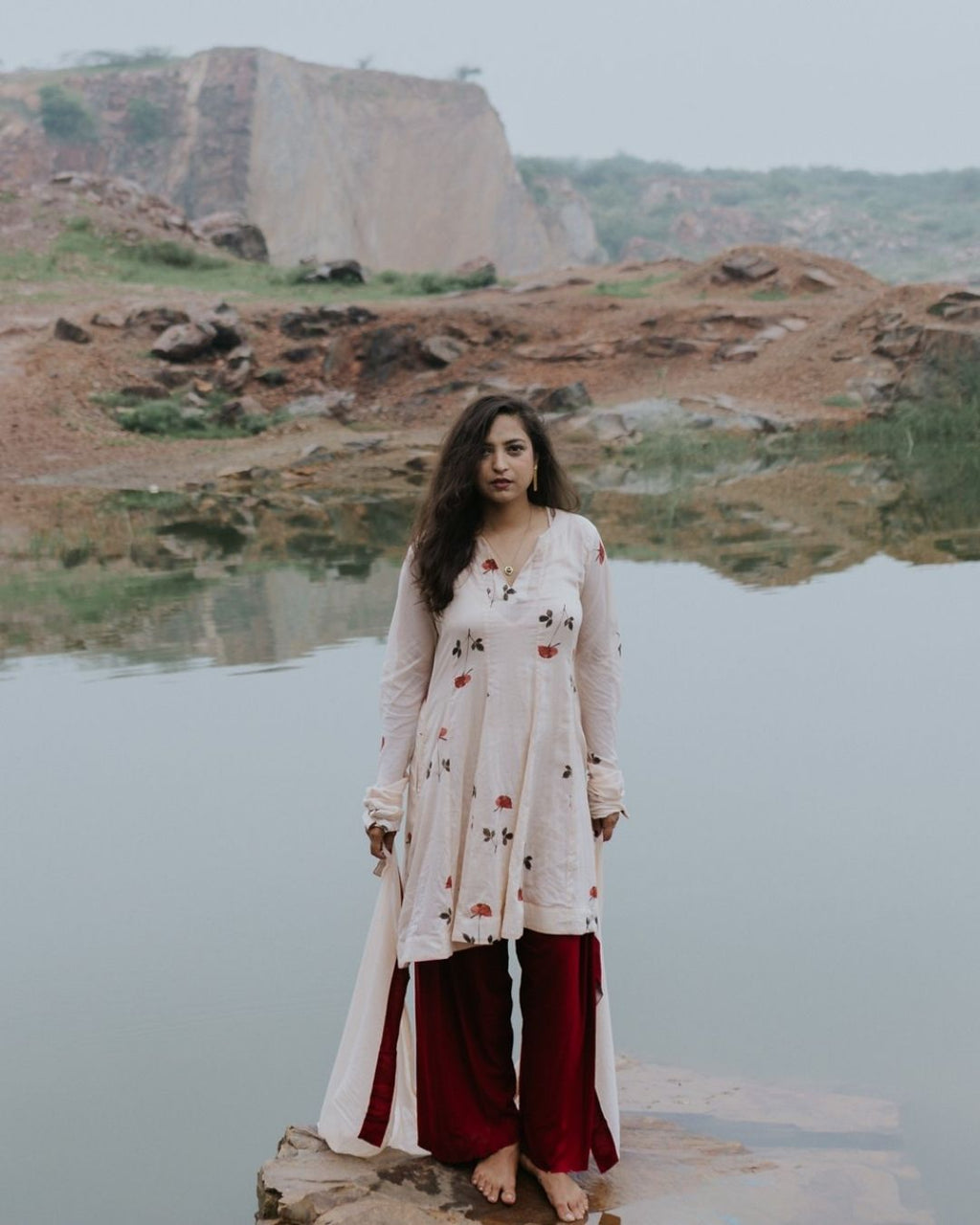 Handpainted Rose Garden Mulmul Kurta Set