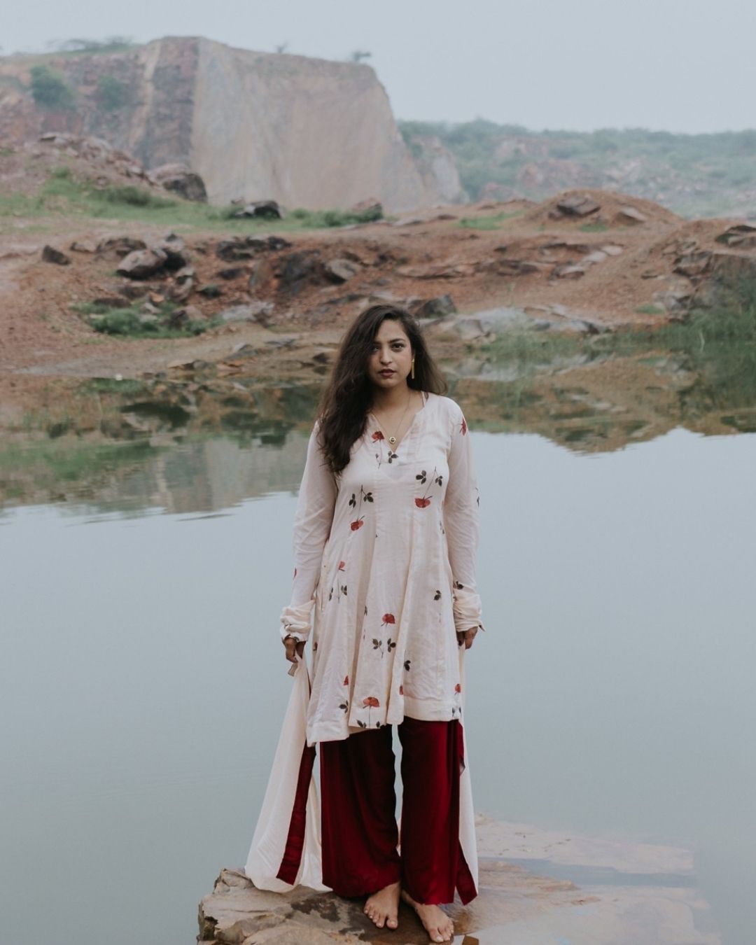 Handpainted Rose Garden Mulmul Kurta Set