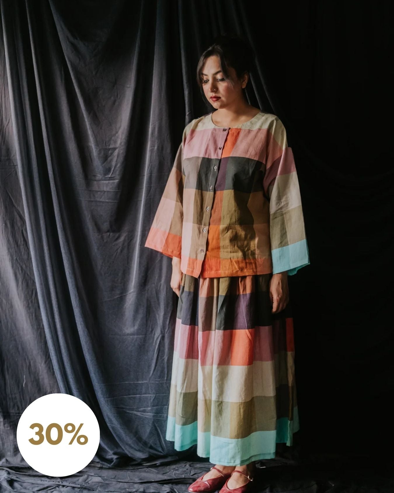 Multicolor Linen Check Skirt