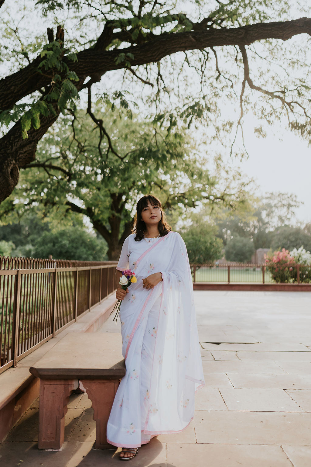 Pink Scalloped Rose Mulmul Saree, view 6
