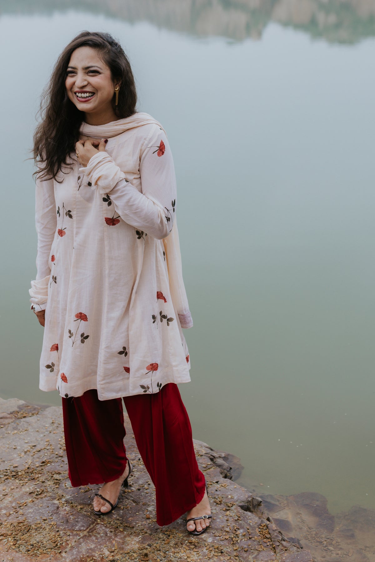 Handpainted Rose Garden Mulmul Kurta Set