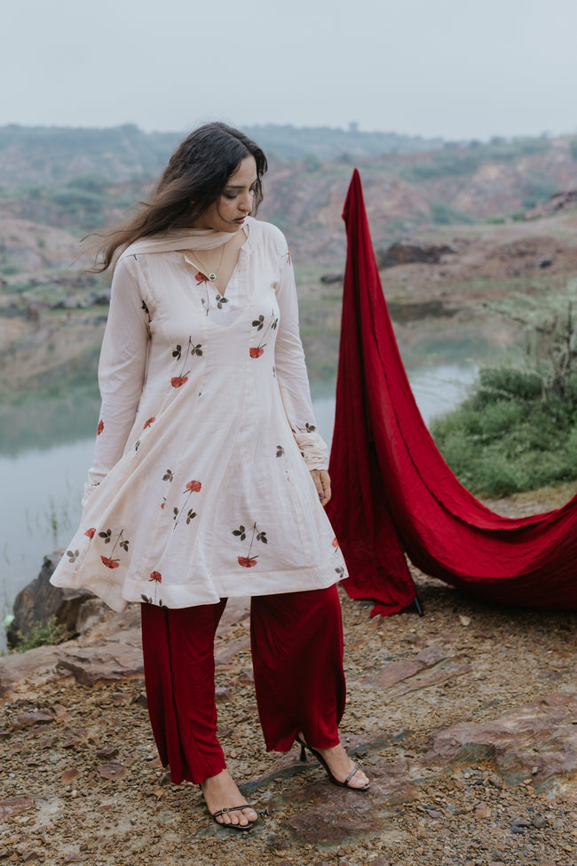 Handpainted Rose Garden Mulmul Kurta Set Hover Image