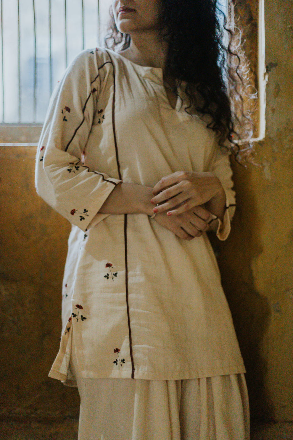 Embroidered Rose Linen Kurta Pajama Set