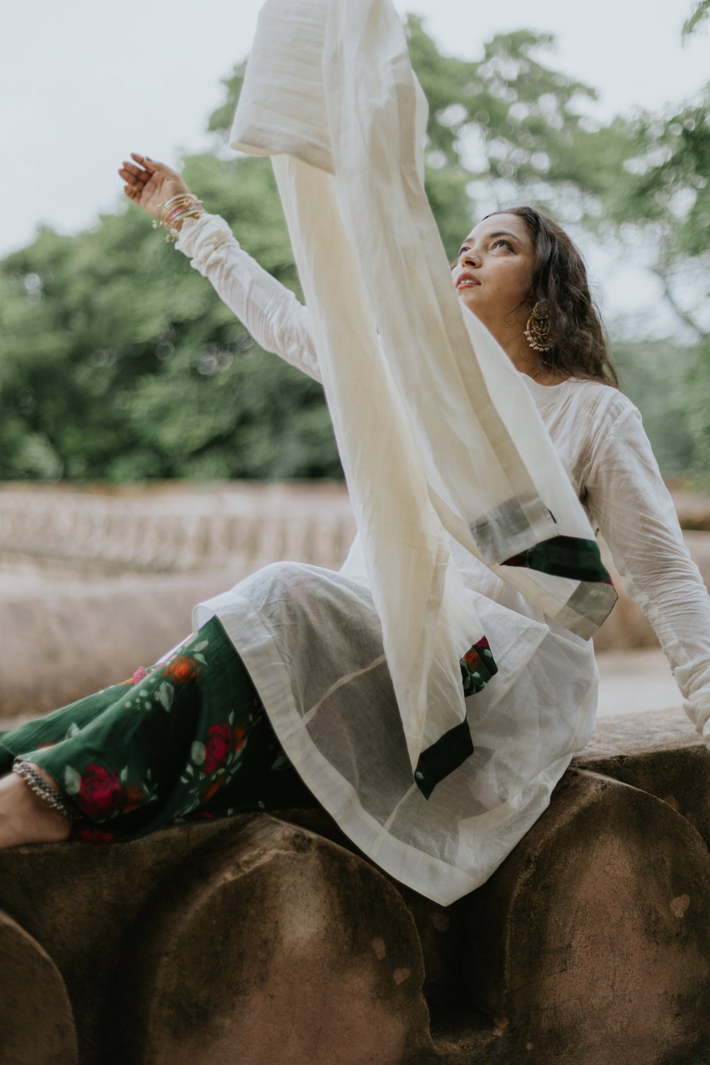 Handpainted Gulmohar Chanderi Farshi Dupatta Set