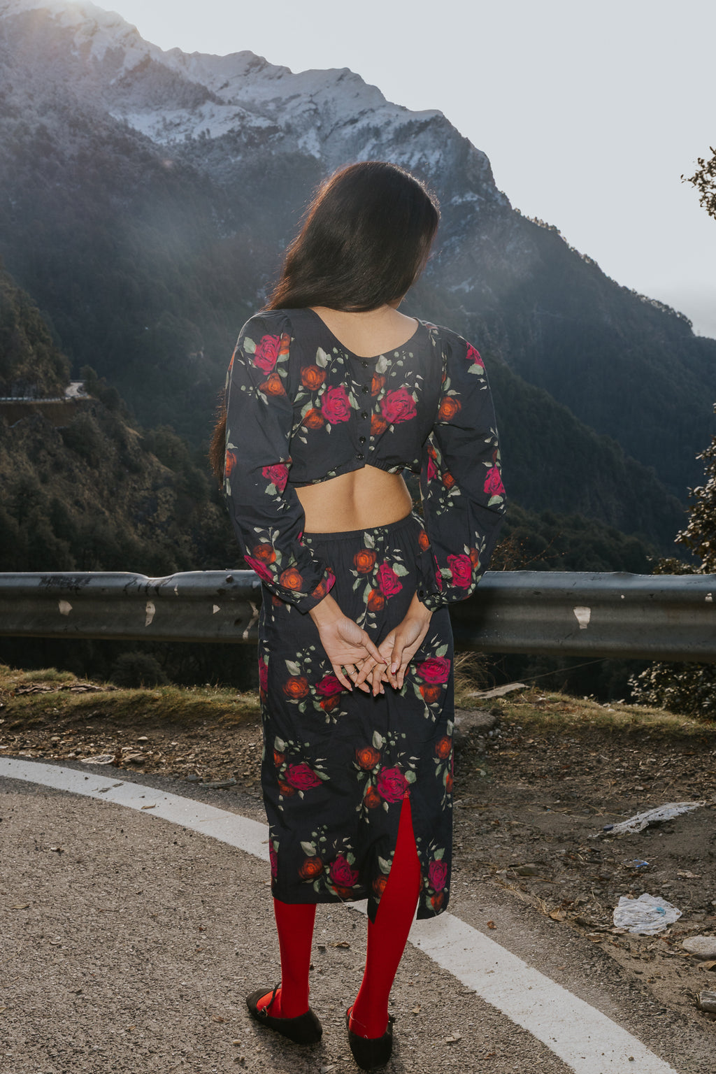 Roses on Charcoal Cut Dress