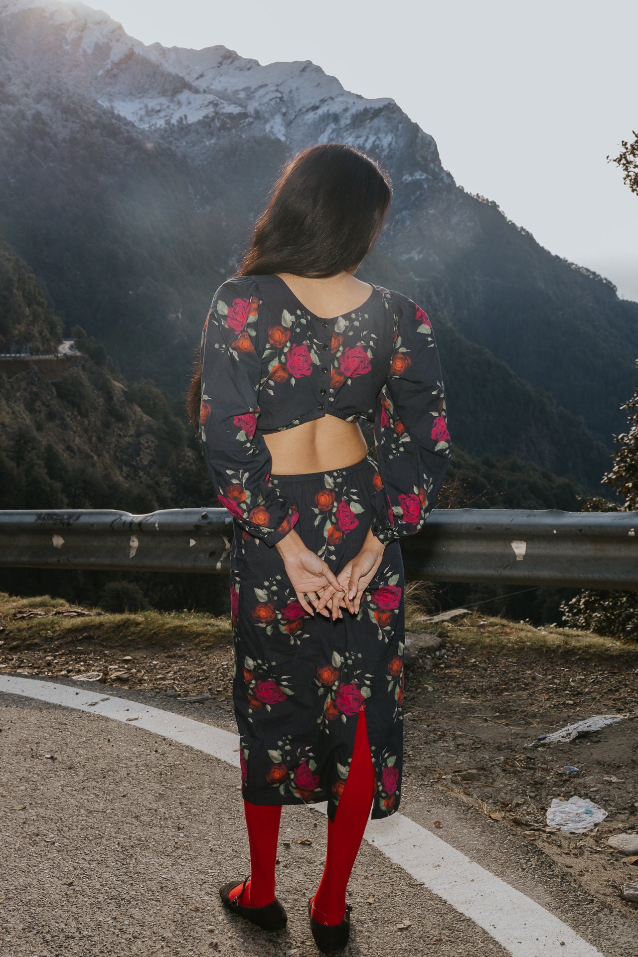 Roses on Charcoal Cut Dress