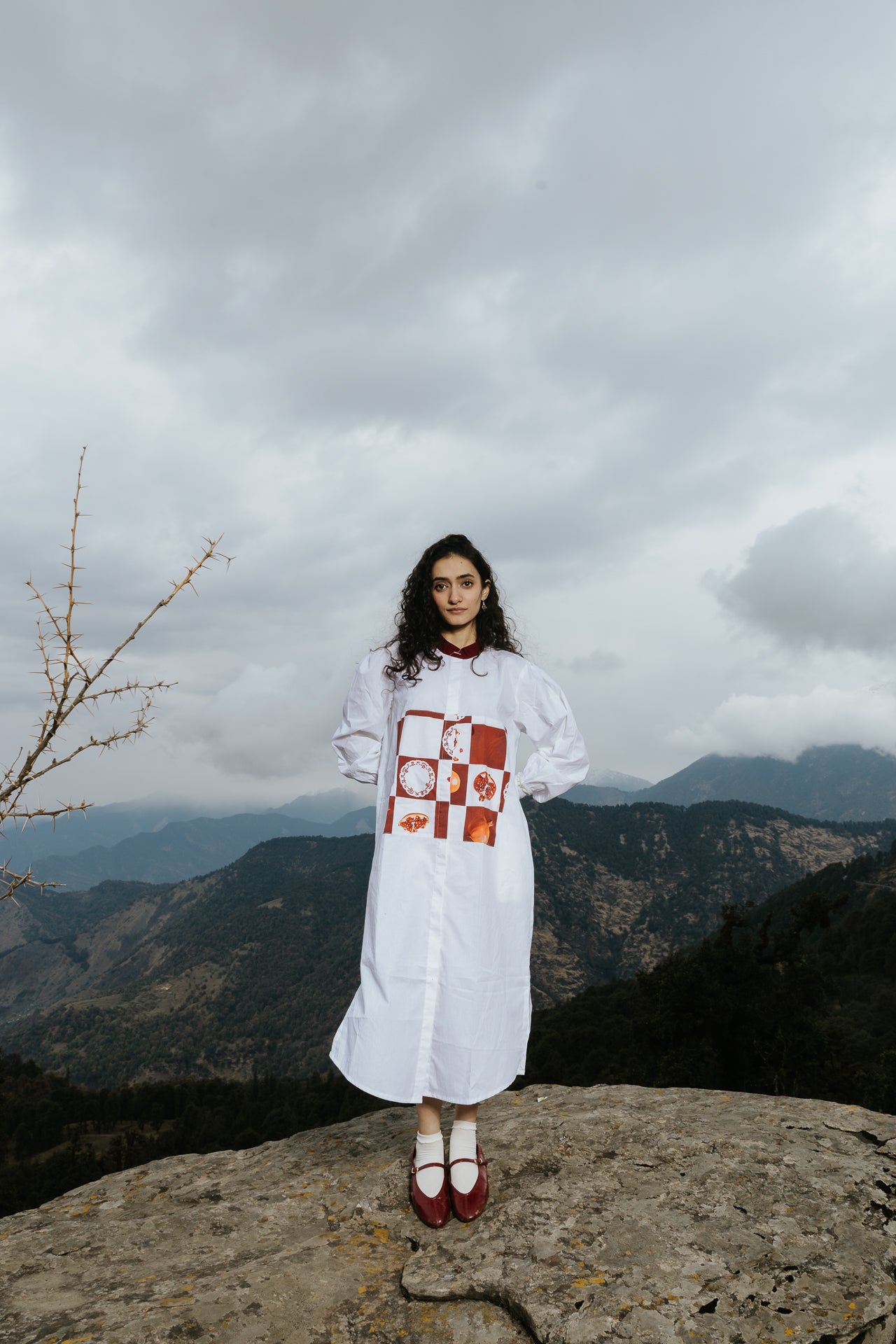 Checkerboard Pomegranate Long Shirt Dress