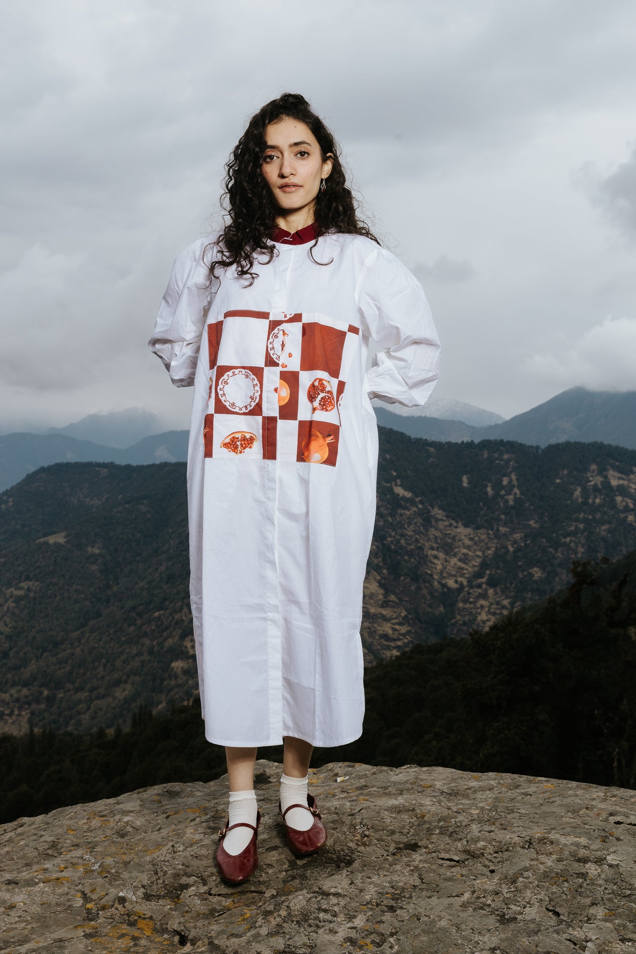Checkerboard Pomegranate Long Shirt Dress