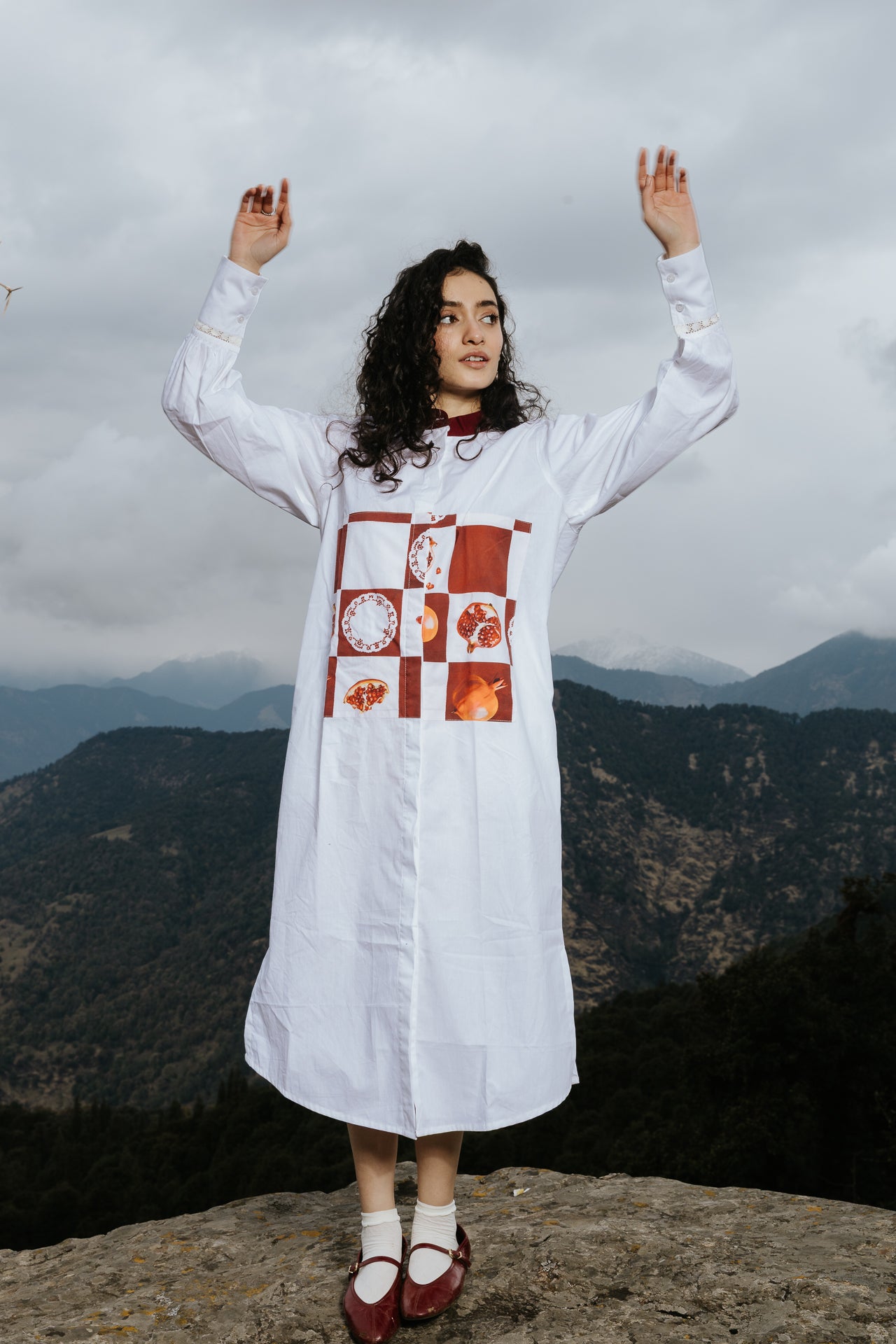 Checkerboard Pomegranate Long Shirt Dress