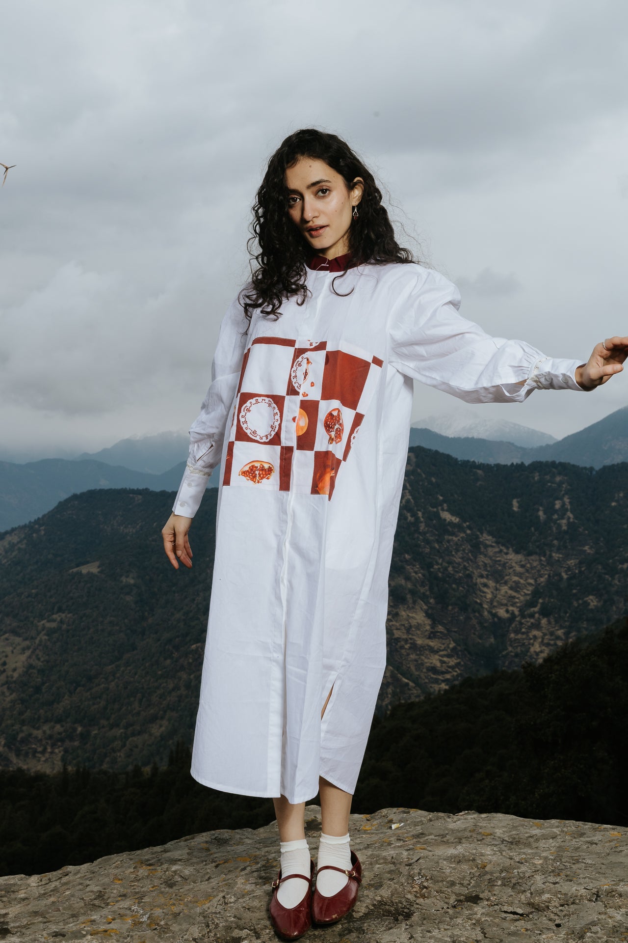 Checkerboard Pomegranate Long Shirt Dress