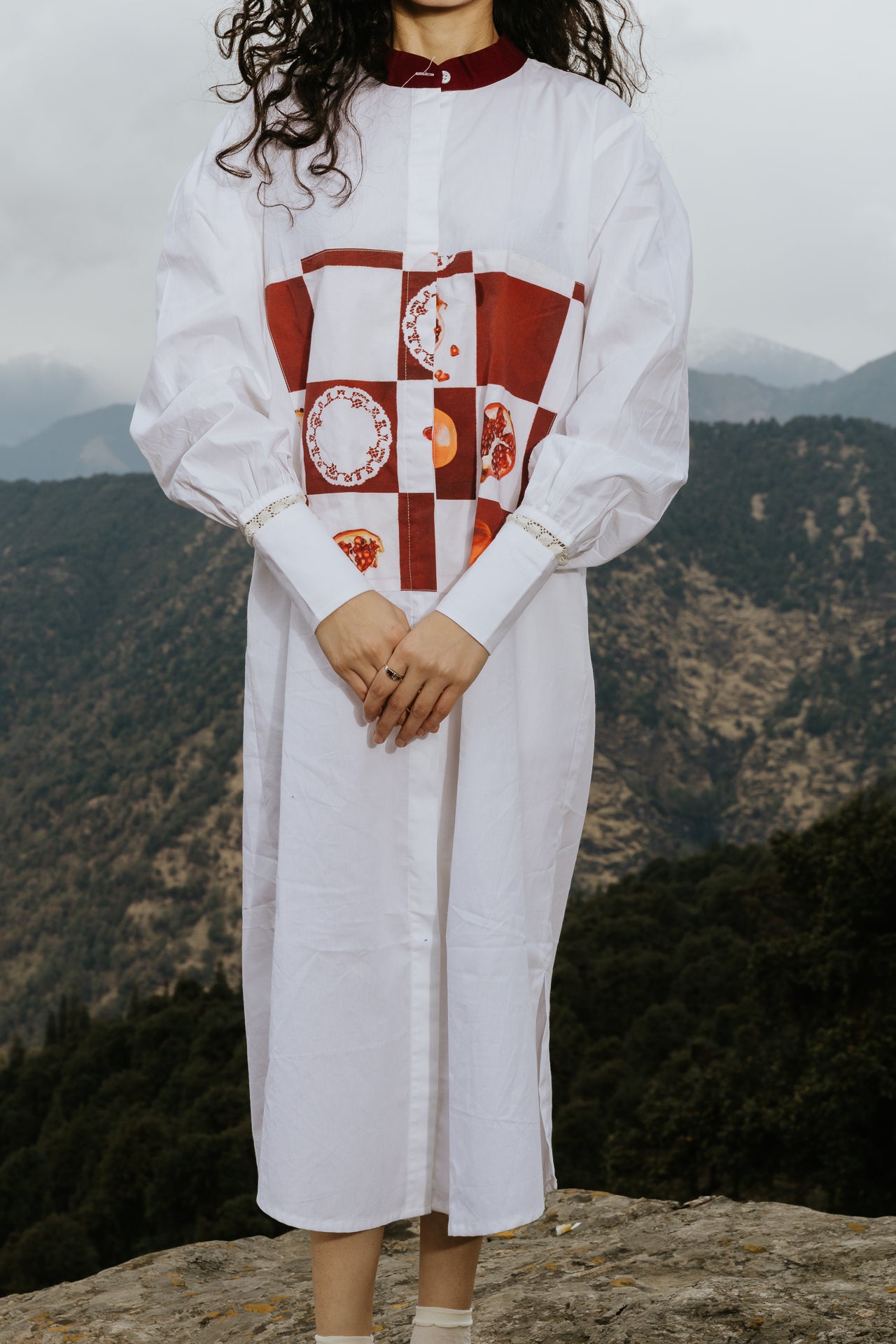 Checkerboard Pomegranate Long Shirt Dress