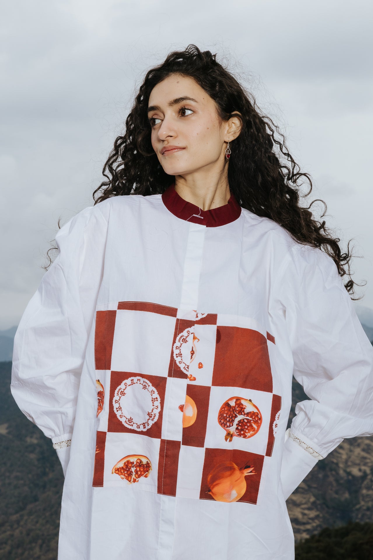 Checkerboard Pomegranate Long Shirt Dress